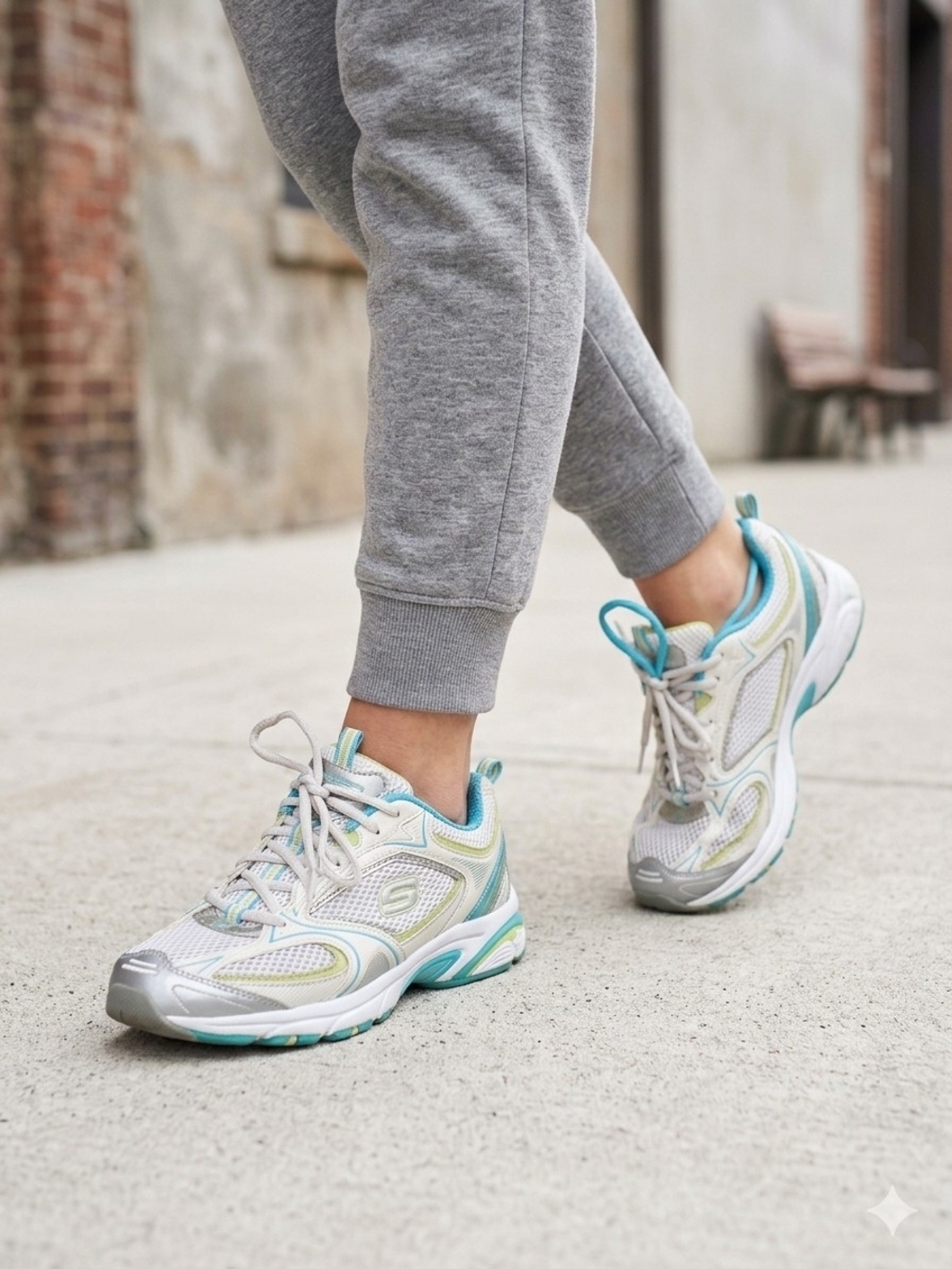Coming Soon!! Skechers White Sneakers with Teal Accents